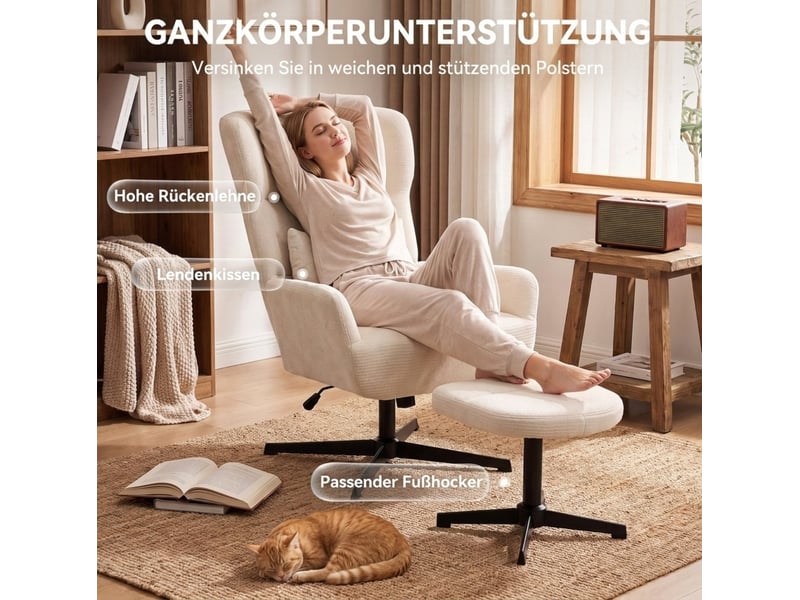 Fauteuil relax pivotant réglable en hauteur avec repose-pieds et coussin lombaire en chenille crème - Conforama E