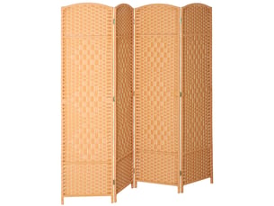 Paravent pliable à 4 panneaux, motif tressé, bois de pin, finition naturelle