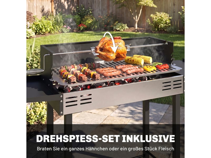  Barbecue au charbon avec tournebroche, grille réglable, 118 x 32 x 90 cm  - Conforama R