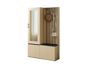 Meubles d'entrée avec miroir, banc rembourré, tringle coulissante, rangement à chaussures et 4 crochets en mdf, bois