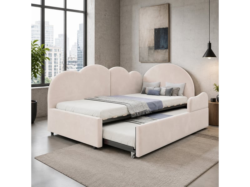 Lit gigogne 90 × 200 cm 1 place, couchage 180 × 200 cm, tête de lit nuage, sans matelas, velours beige  - Conforama B