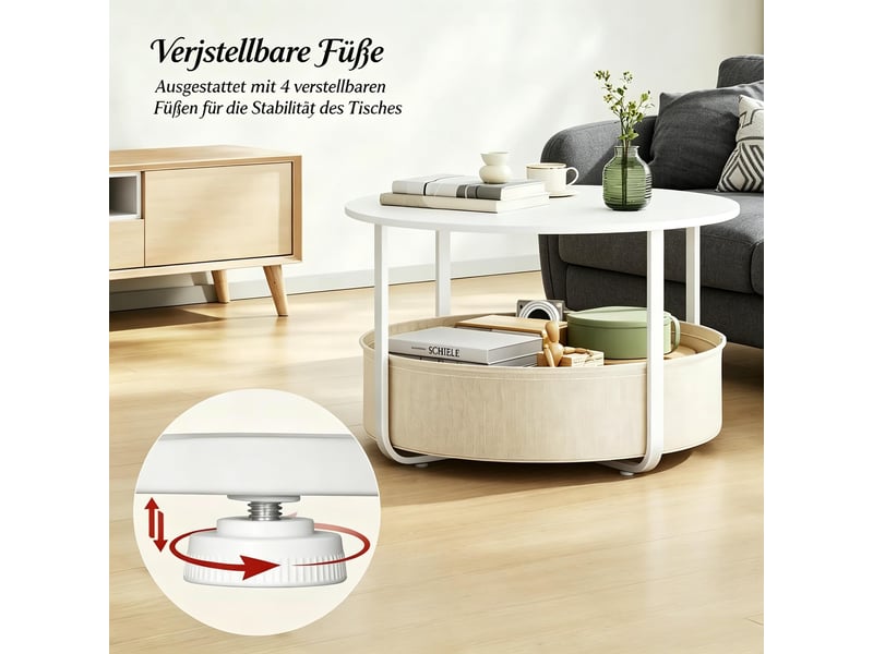  Table basse ronde avec panier de rangement - lpospi - pieds réglables, métal et toile beige blanc ø 80 × 50 cm  - Conforama E