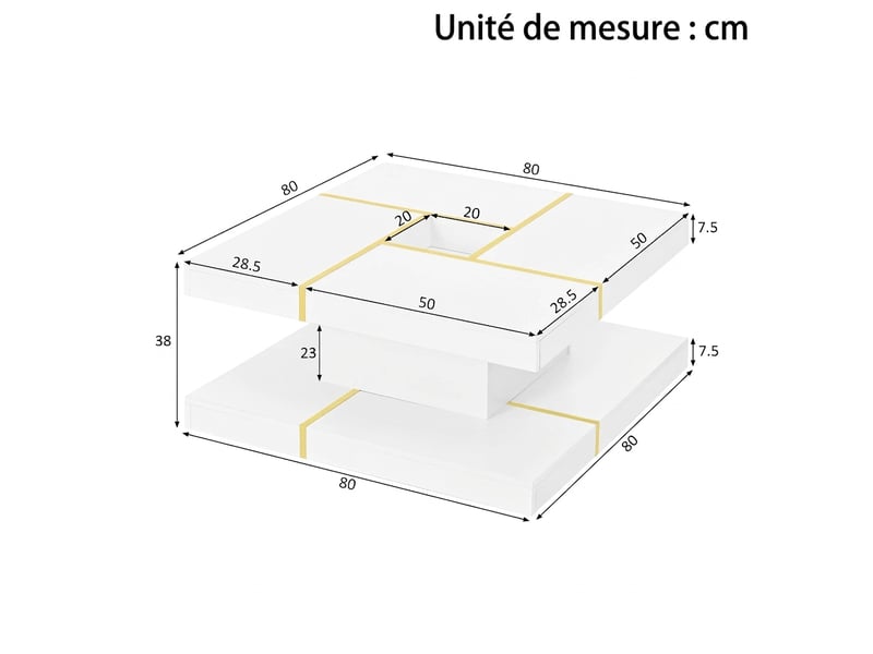  Table basse carrée à deux niveaux avec détails en métal doré, table de salon blanche 80x80x38 cm  - Conforama D