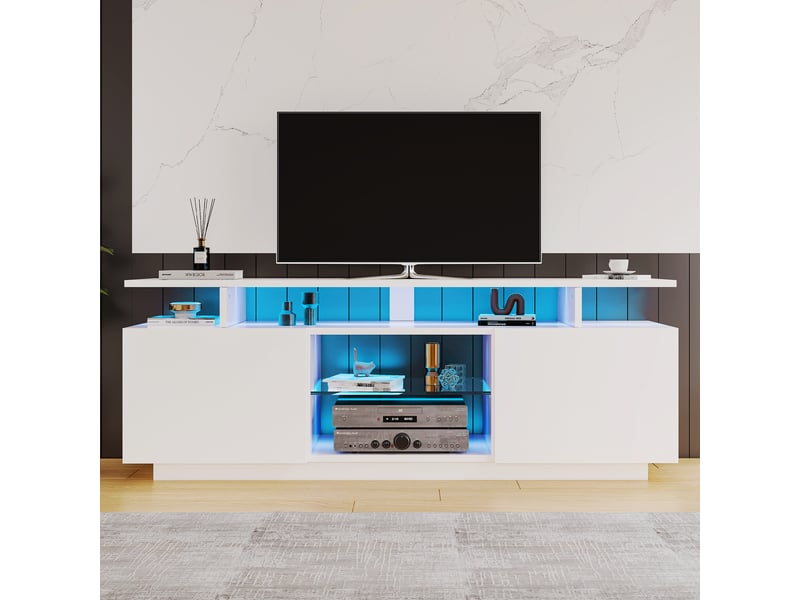  Meuble tv led blanc portes brillantes panneau de particules 140x35x55 cm  - Conforama D