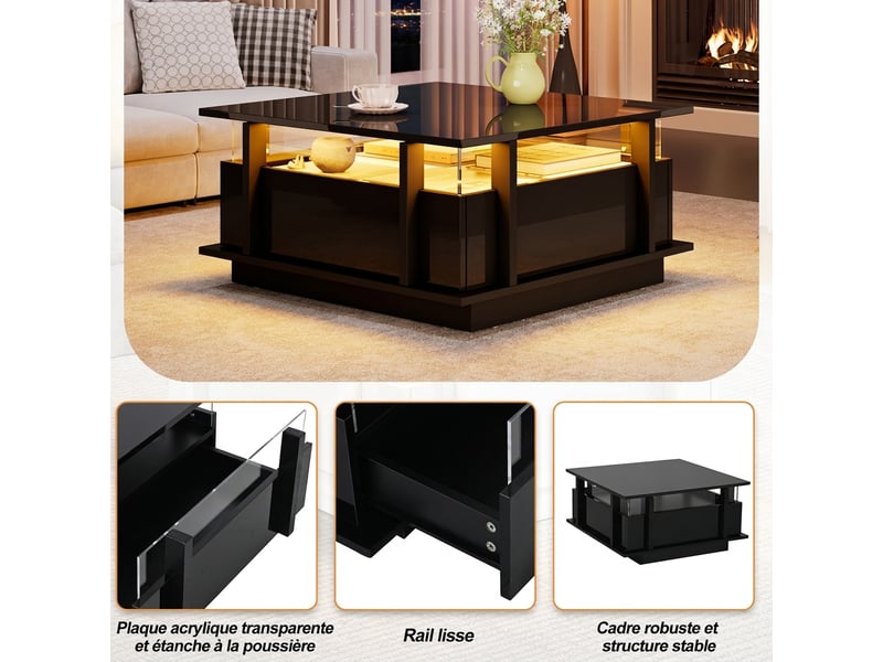  Table basse noire brillante carrée 70x70 avec éclairage led 2 tiroirs et bords acrylique  - Conforama E