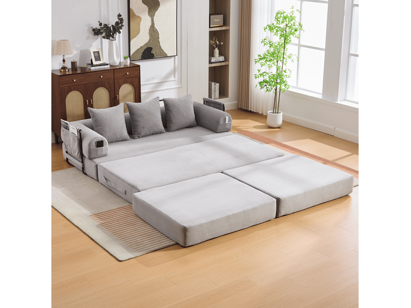  Canapé modulable modenvie 3 places avec pouf velours côtelé gris clair 200 x 190 x 67 cm  - Conforama B