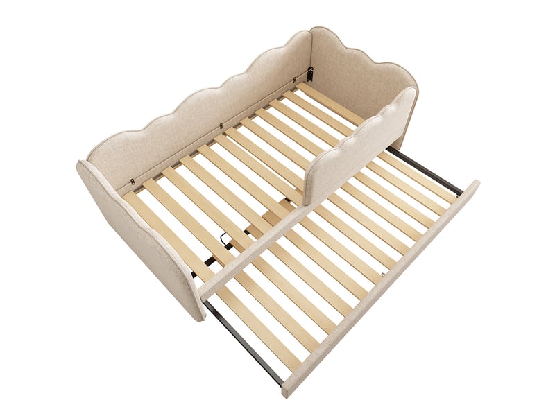  Lit simple rembourré 90x190 cm avec lit gigogne, lit enfant avec sommier à lattes, tissu lin, beige  - Conforama E