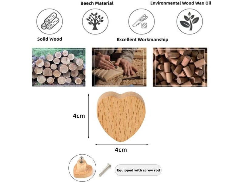  Jeu de 6 poignées en bois massif en forme de cœur, poignées à texture naturelle pour décoration de meubles  - Conforama E