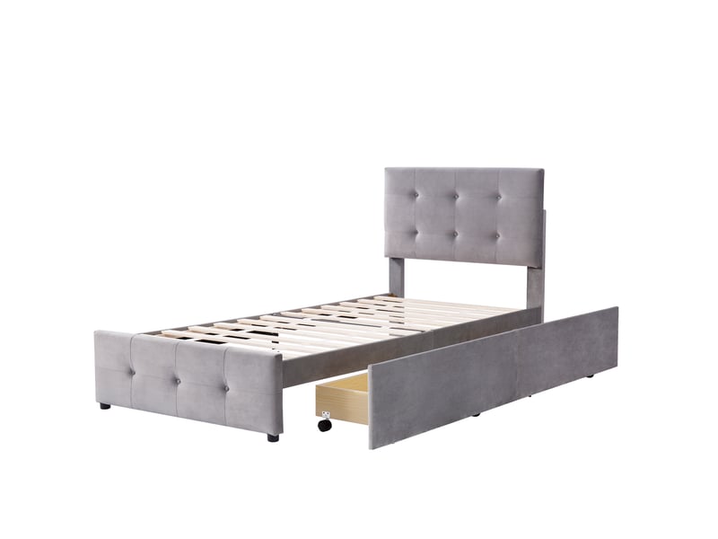  Lit simple 90x200 cm, velours gris, dossier ajustable, deux tiroirs de rangement, lattes et sans matelas  - Conforama A