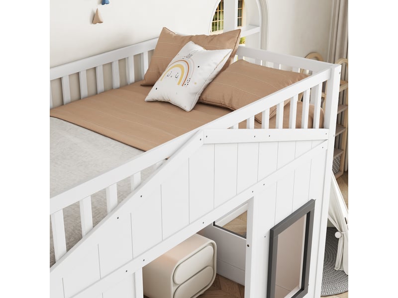 Lit mezzanine 90x200cm, lit 1 place avec fenêtres, escalier, barrière et sommier, pin+mdf, blanc sans matelas - Conforama R