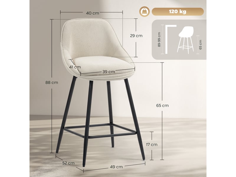  Ensemble 2 tabourets bar velours côtelé, pieds acier, rembourrés, îlot cuisine, salle à manger, crème.  - Conforama E