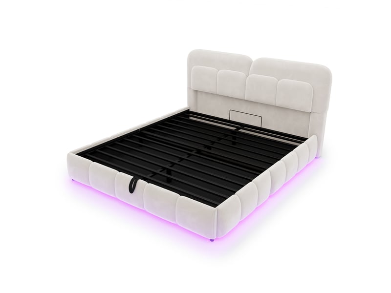Lit double velours beige 140x200 cm avec rangement hydraulique, led et tête rembourrée - Conforama A