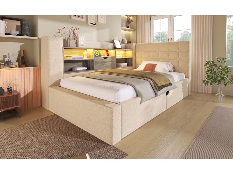  Lit coffre 90 × 200 cm, rangement hydraulique, tête en l réversible, étagères, led multicolore, usb et usb-c, lin beige  - Conforama B