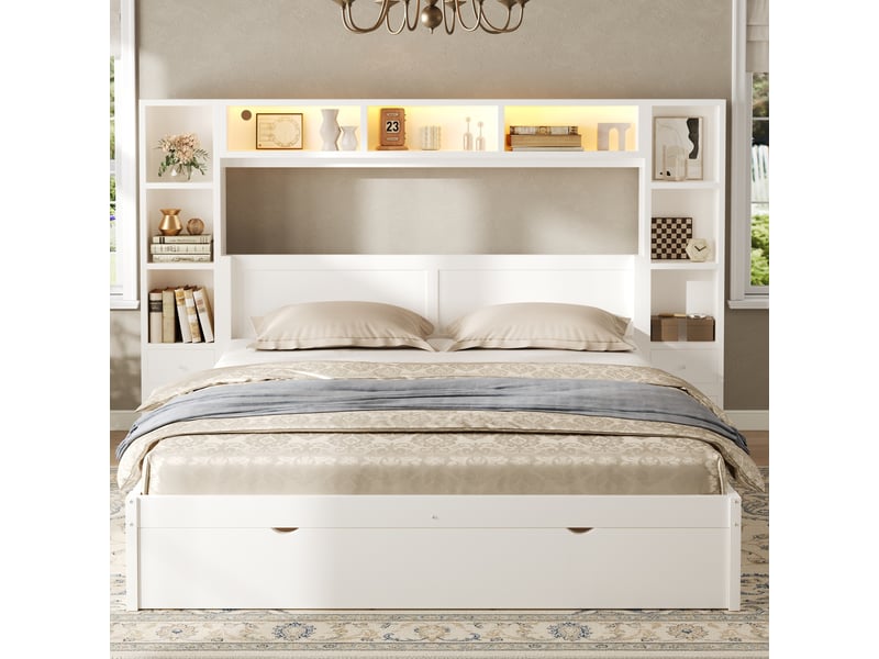  Lit plateforme 140 x 200 cm avec tête et pied de lit, 7 tiroirs, multiples rangements et éclairage led, blanc evarich - Conforama E