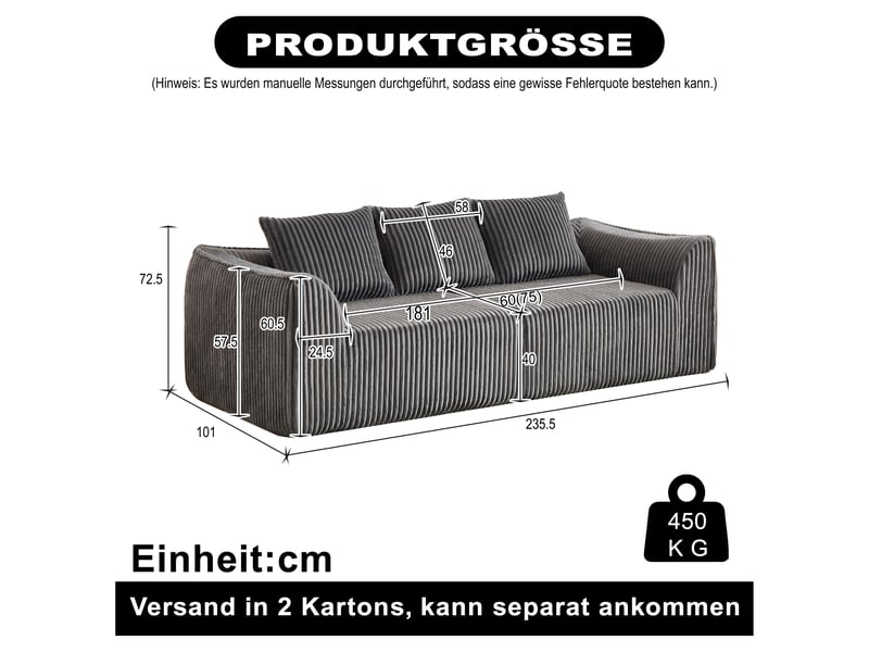 Canapé 235 cm velours côtelé minimaliste beige, design courbé, dossier incliné avec 2 coussins inclus  - Conforama C