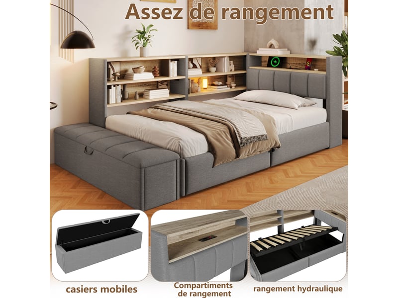 Lit coffre hydraulique 90x200 cm avec led, usb-c, banc coffre et tête réversible, velours gris, sans matelas - Conforama R