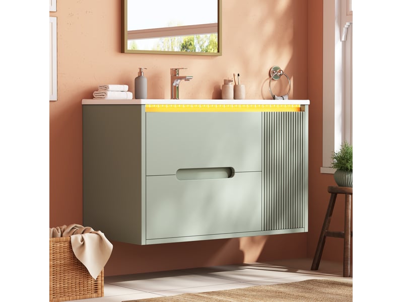  Meuble sous vasque suspendu avec 2 tiroirs, porte, étagères réglables, led pour salle de bain vert 81 × 47 × 51 cm  - Conforama B