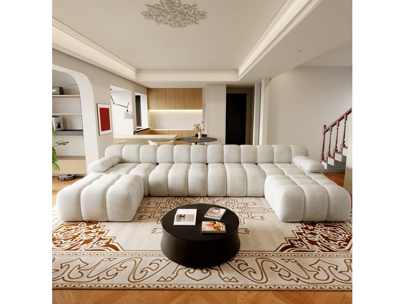  Canapé d'angle panoramique en u 6 places 400x200x68 cm en chenille blanc  - Conforama R