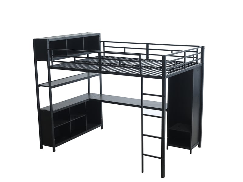 Lit surélevé en métal 140 × 200 cm, avec plusieurs étagères, armoire et bureau, compartiments de rangement au niveau supérieur, adapté aux adolescents, noir - Conforama A