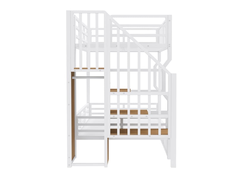  Lit mezzanine 90x200 cm avec led et escalier de rangement, garde-corps haut, métal et bois blanc, sans matelas  - Conforama R