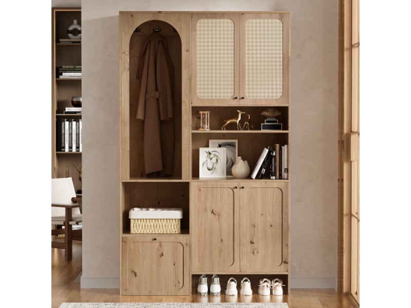 Ensemble d’entrée 120x35x200 cm naturel effet rotin, 4 portes, abattant chaussures, patères et niches, panneaux de particules - Conforama B