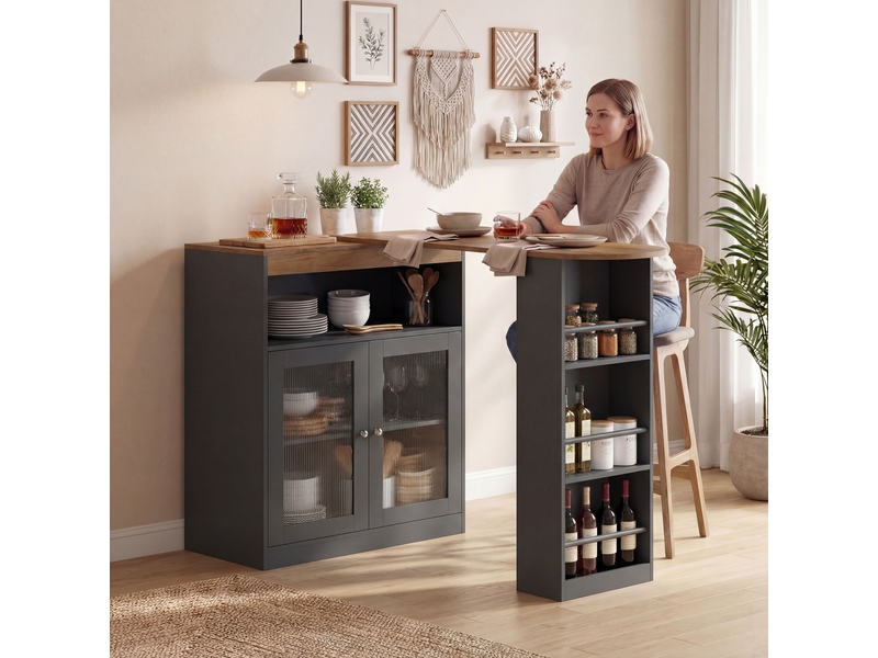  Table de bar extensible et pivotante à 90° avec étagères ouvertes et 2 portes vitrées 150 x 80 x 105,5 cm noir et naturel  - Conforama C