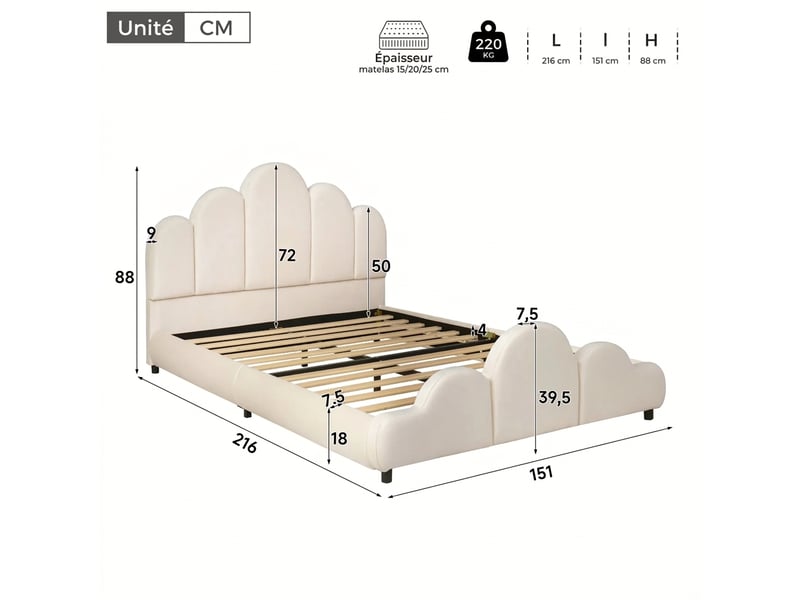  Lit enfant 140x200 capitonné en velours beige - design nuage et coins arrondis  - Conforama C