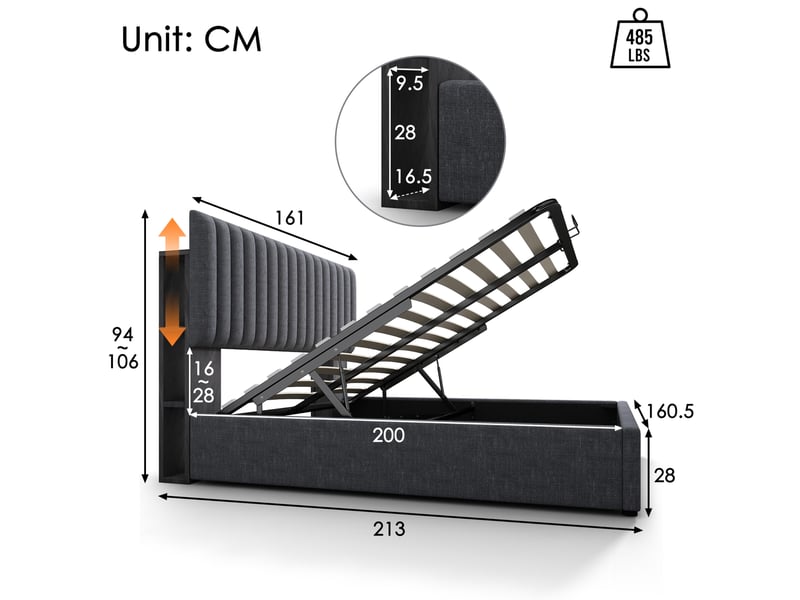  Lit coffre tcqpz 160 x 200 cm led app-control avec usb type c et tête de lit réglable gris  - Conforama C