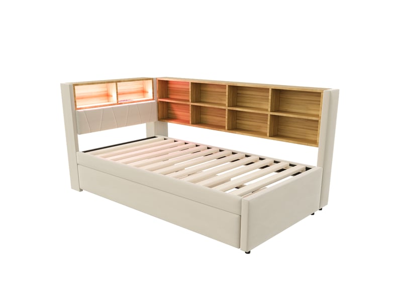  Lit enfant gigogne 90 x 200 cm + 90 x 190 cm led usb-c et prise secteur multiple flanelle beige sans matelas  - Conforama R