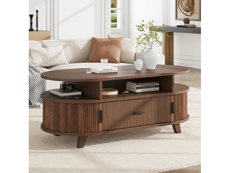  Table basse ovale avec tiroir et rangements, table salon, coloris noyer, 100x50x40 cm  - Conforama W