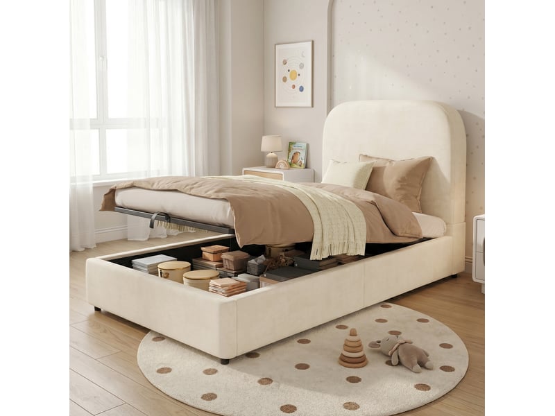  Modenvie lit enfant 90x190 cm - rangement hydraulique, tête de lit rembourrée - sans matelas, beige  - Conforama B