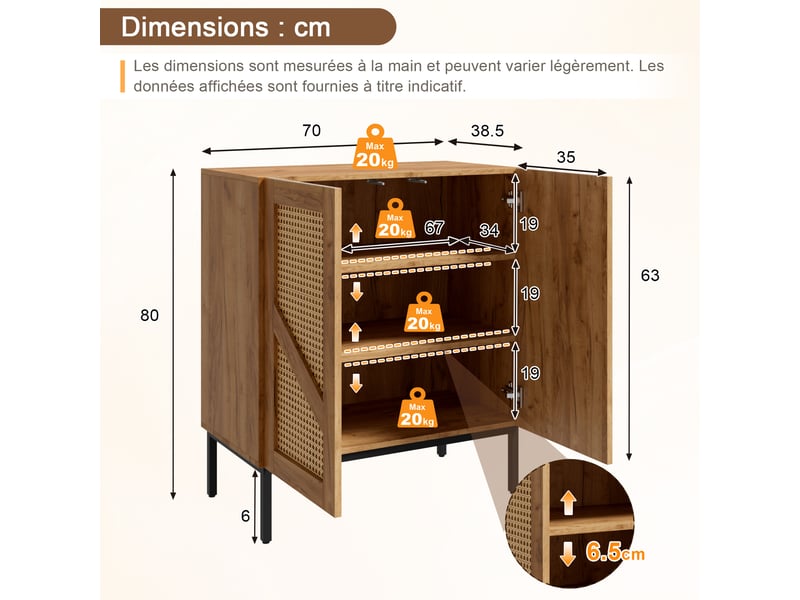 Buffet bas 70x38,5x80 cm, meuble de rangement 2 portes en rotin, 2 étagères réglables, pieds en métal, panneau de particules, naturel OMNIGLINT TRADING LTD - Conforama C
