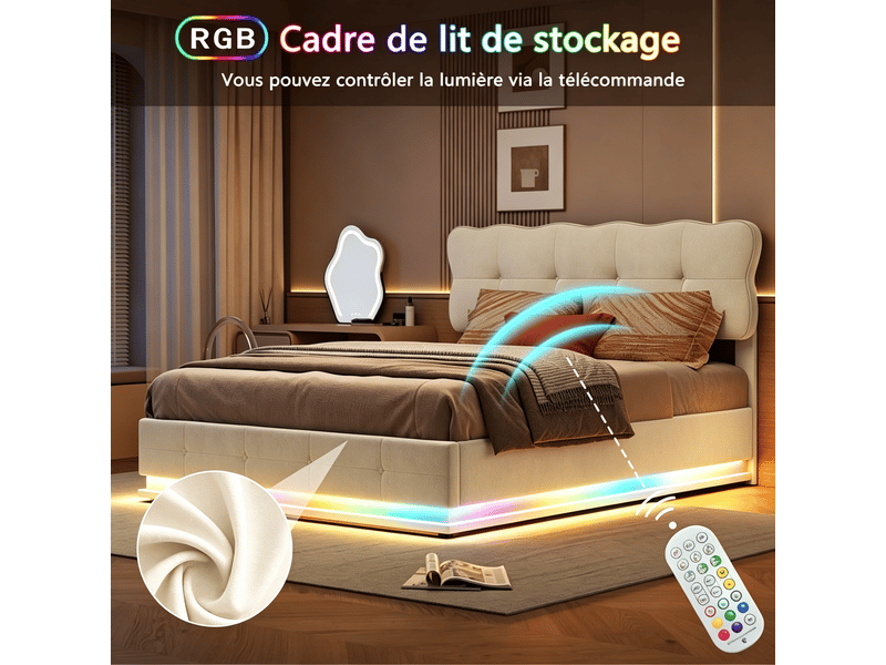  Lit 140x190 cm, rgb led, hydraulique, moderne, cadre de lit double 140x190 cm, velours, beige  - Conforama D
