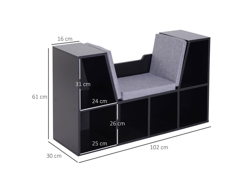 Bibliothèque banc 2 en 1 avec coussin, 6 compartiments ouverts, noir, 102×30×61 cm  - Conforama E