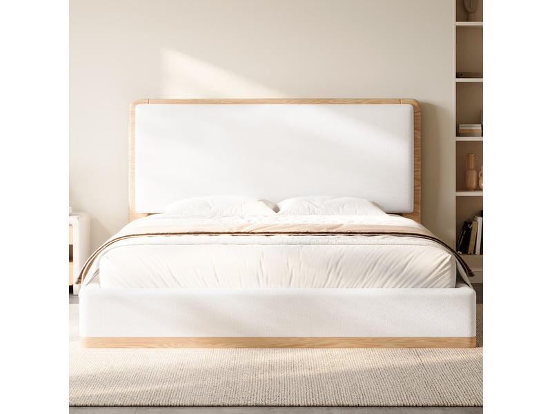  Lit double rembourré 140x200 - lit adulte avec tête de lit rembourrée - mdf+pu - tissu teddy - blanc+naturel (sans matelas)  - Conforama C