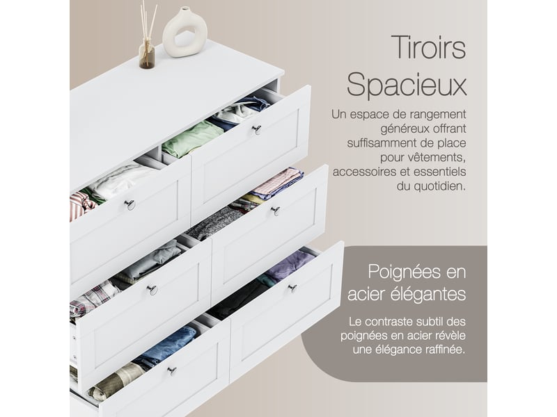 Commode altino 6 tiroirs, chambre, rangement vêtements, meuble, 76,5x100x36cm, blanc 3332187 - Conforama E