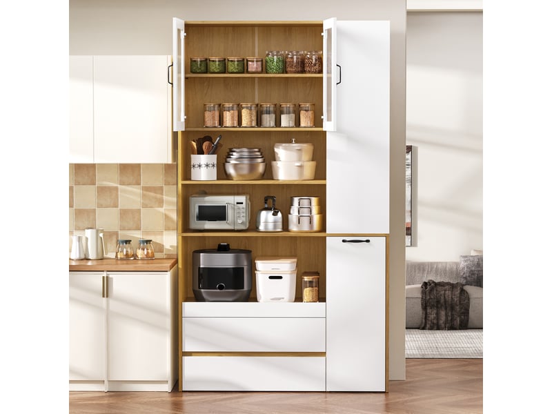  Vaisselier haut blanc et bois 200 cm, buffet avec portes en verre strié, meuble de rangement cuisine  - Conforama E
