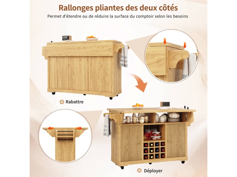  Desserte de cuisine,142.5x80x95 cm,avec rangement,mdf,coloris bois naturel  - Conforama E