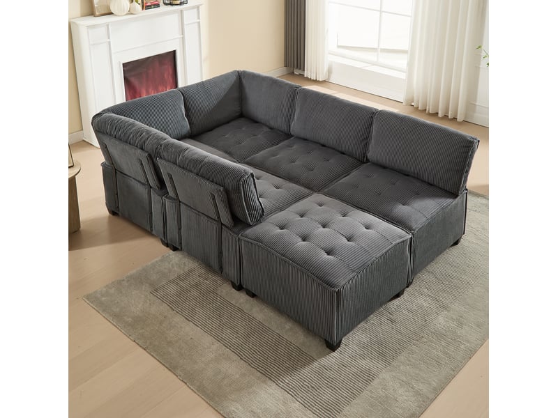  Canapé d'angle 6 pl 308x154x82cm, assise en mousse, revêtement velours, accoudoir, convertible avec poches de rangement, gris  - Conforama E
