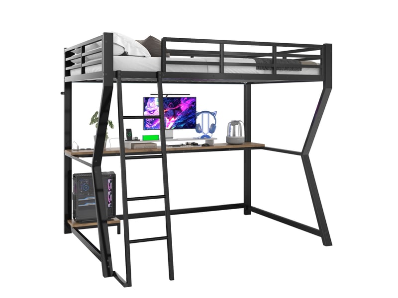 Lit mezzanine 90 x 200 cm avec bureau, led, prises usb et étagère pc noir - Conforama A