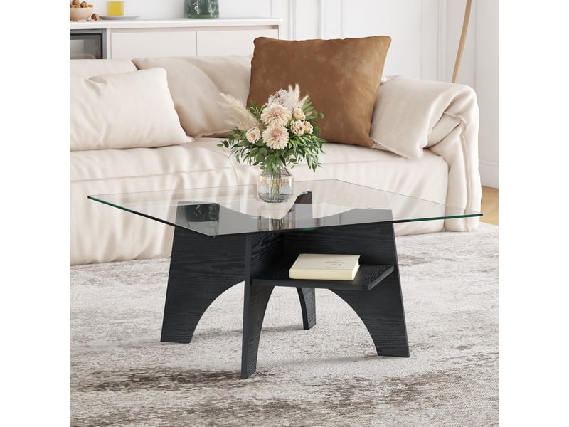  Table basse carrée 80x80x40 cm en mdf et verre de sécurité avec tablette de rangement noir chicfurn  - Conforama B