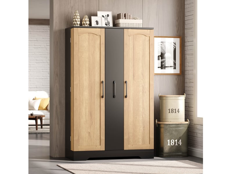  Buffet de cuisine 78 x 35 x 120 cm avec rangement vertical à 4 niveaux, 2 portes, étagères réglables, noir et naturel  - Conforama B