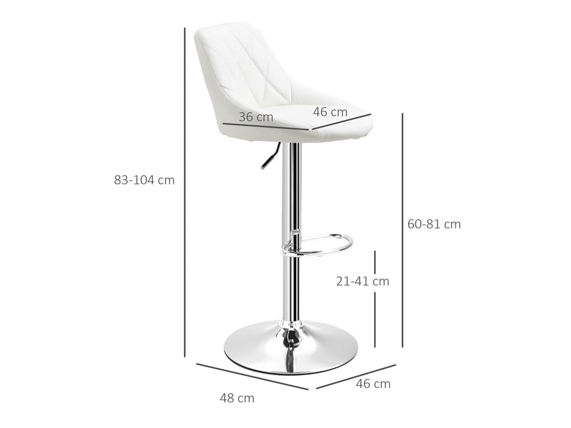  Lot 2 tabourets bar réglables, métalsimilicuir, hauts pivotants, dossier, repose-pieds, 46x48x83-104 cm, blanc.  - Conforama E