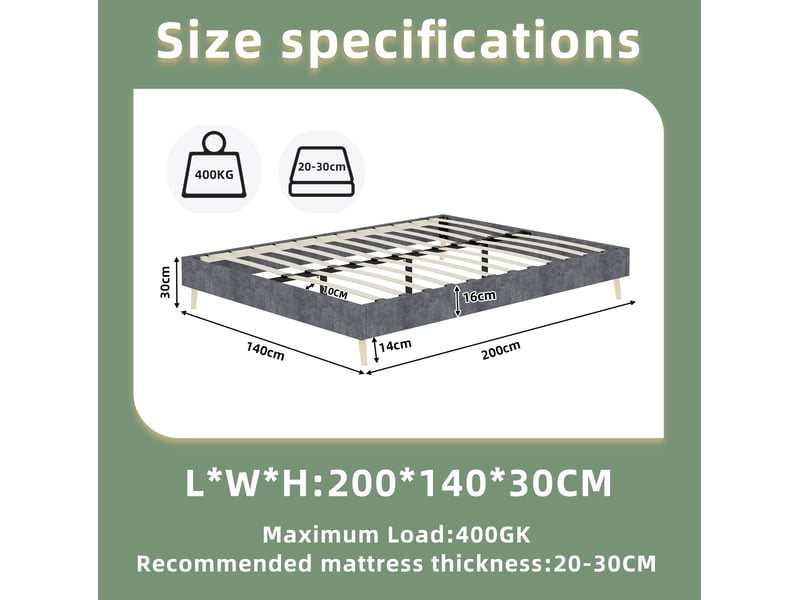  Lit enfant 140 × 200 cm 2 places avec tête de lit rembourrée, sans matelas, en tissu gris  - Conforama D