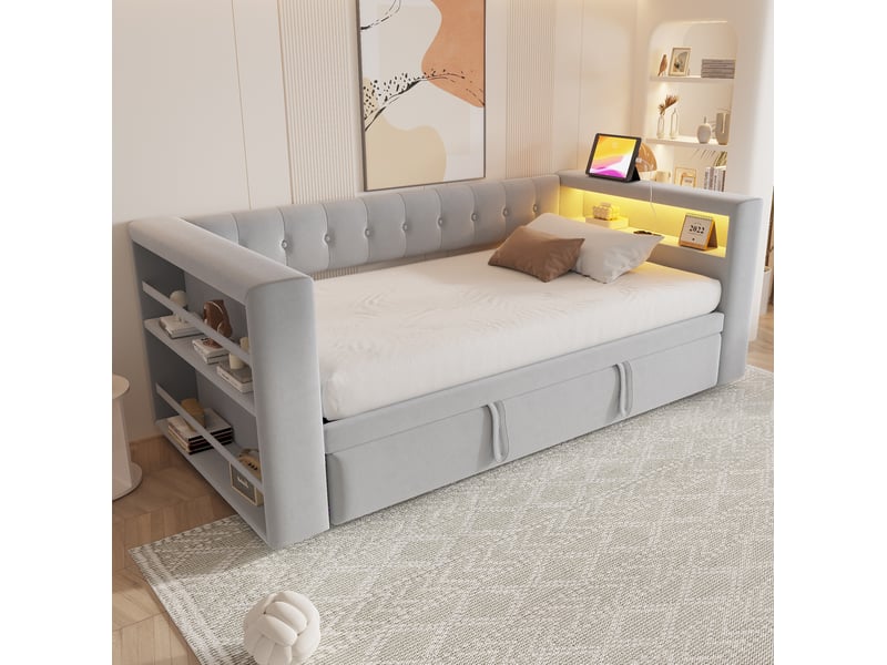  Lit gigogne 90-180x190 cm, lit 2 en 1, tête de lit avec rangements, led, charge, flanelle, gris clair, sans matelas  - Conforama D