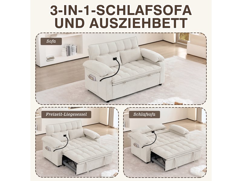 Canapé convertible 3-en-1 142 x 90 x 87 cm avec assise moelleuse, 2 coussins lombaires, tablette et porte-gobelet, chenille, beige OMNIGLINT TRADING LTD - Conforama E