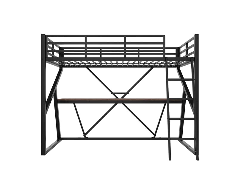 Lit mezzanine noir 90 × 200 cm, cadre métal, bureau, led, escalier et garde-corps  - Conforama A