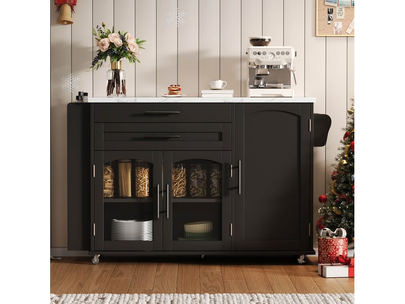  Desserte de cuisine mobile 120 x 45-70 x 90 cm – noir – plateau rabattable, rangement et 5 roulettes verrouillables  - Conforama B