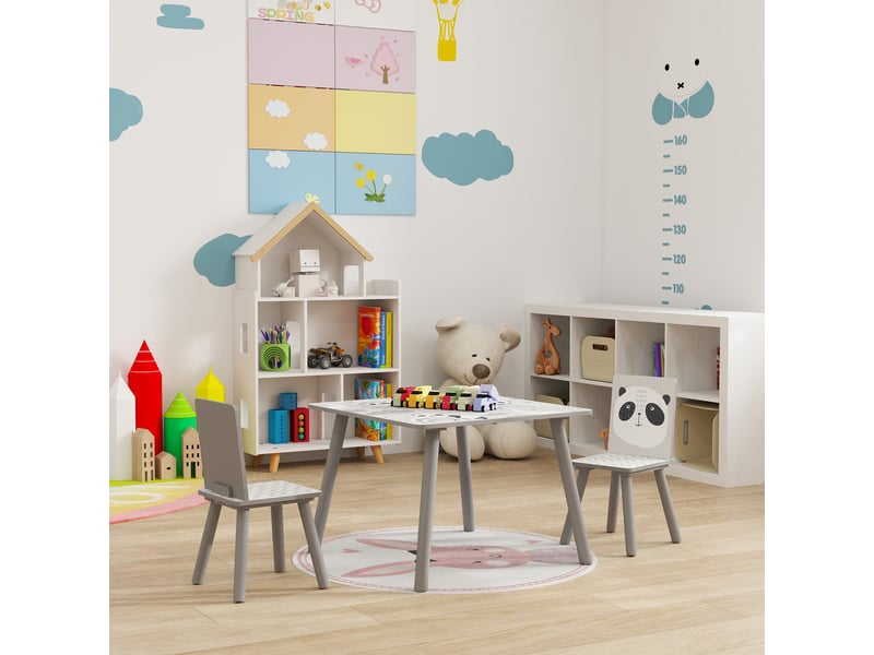 Ensemble table et chaises pour enfants, table pour enfant avec 2 chaises, motif animaux pour chambre à coucher gris - Conforama A