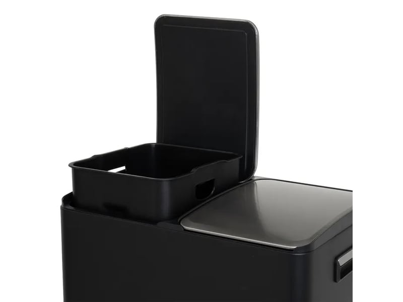 Poubelle de tri sélectif rectangulaire 60l (2x30l) à double compartiment en métal noir anti-traces avec deux pédales indépendantes - longueur 45 x profondeur 36 x hauteur 71,5 cm - Conforama C